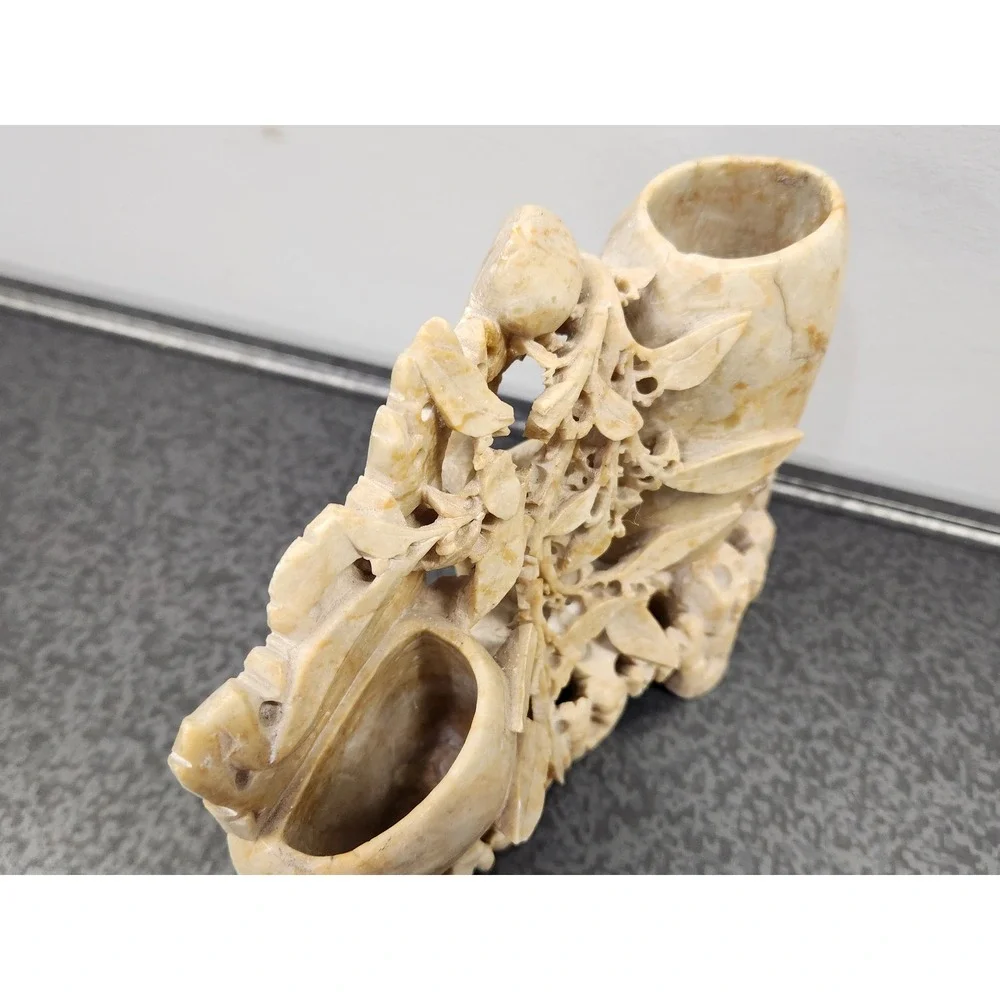 Chinese Hand Carved Soapstone Double Vase Tan Floral Foliage Vintage ~ READ